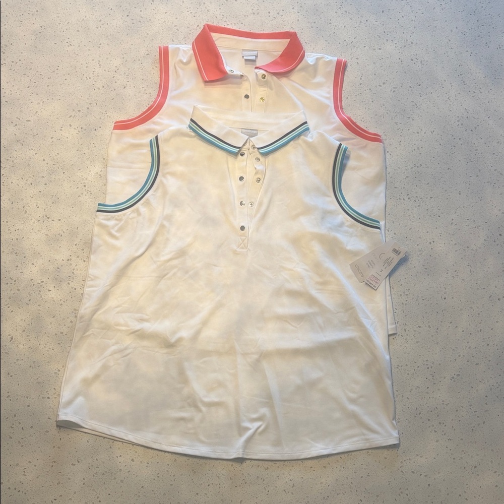 Chico's Kids Sleeveless Polo Shirts - White with Coral and Teal Trim